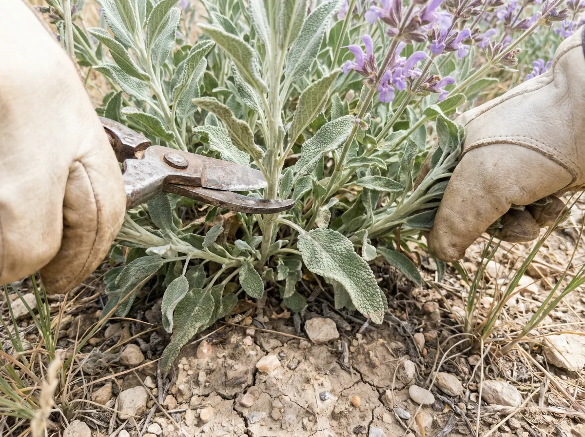 Silver-green sage bushes growing on a dry Mediterranean hillside